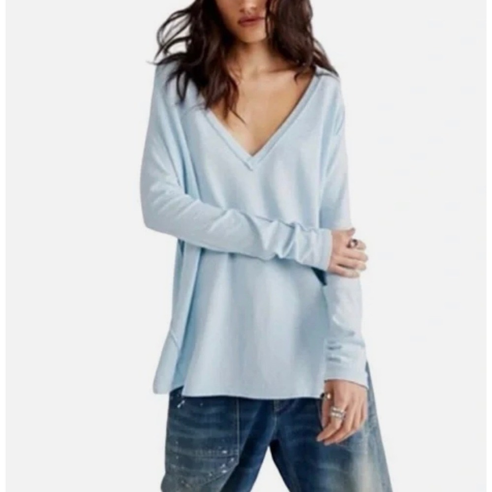J11 Free People Movement Womens Light Blue‎ Oversized V-Neck Long Sleeve Top XS